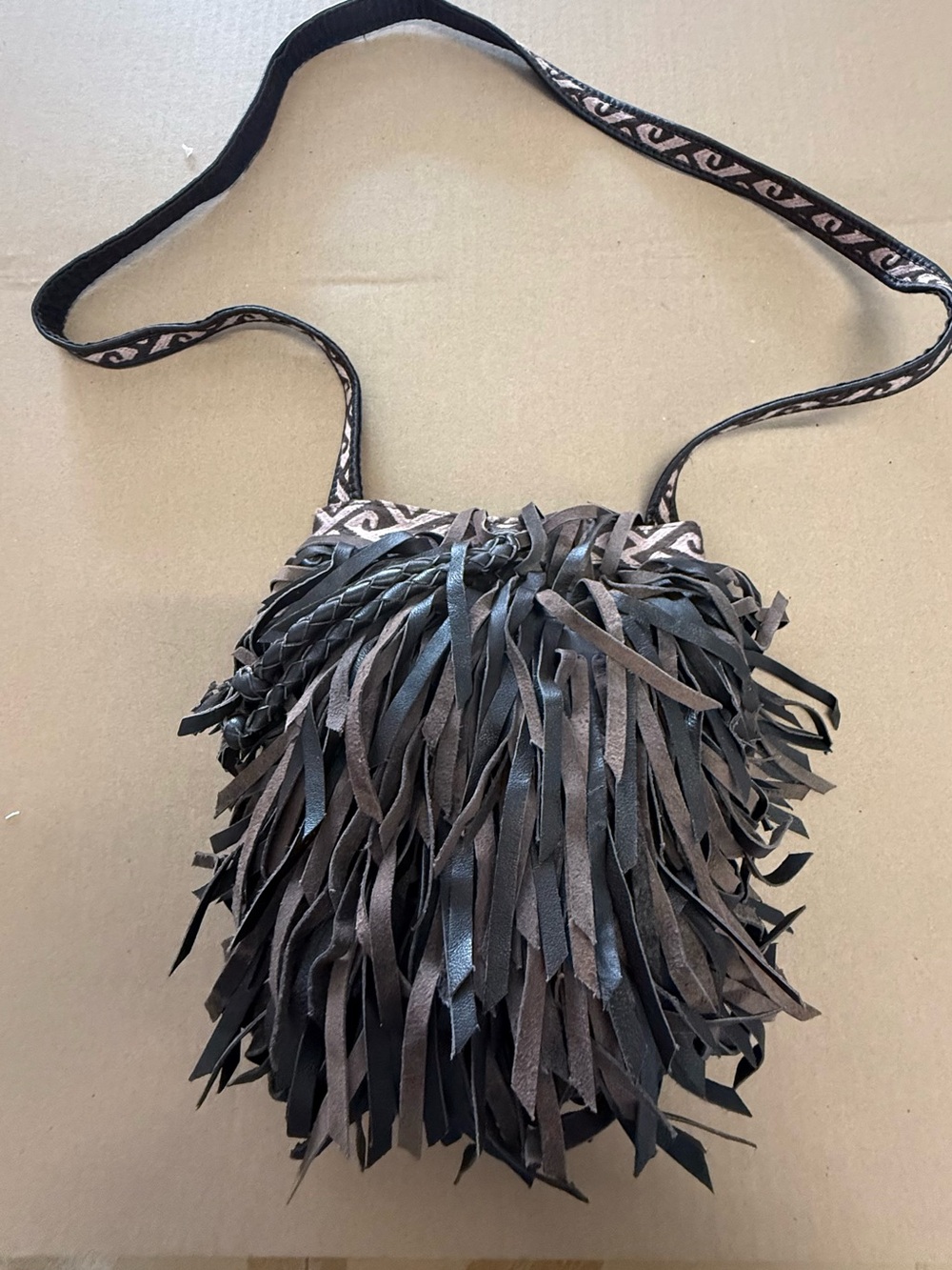 Lucky Brand Boho Fringed Suede/Leather Crossbody Bag in Black and Brown